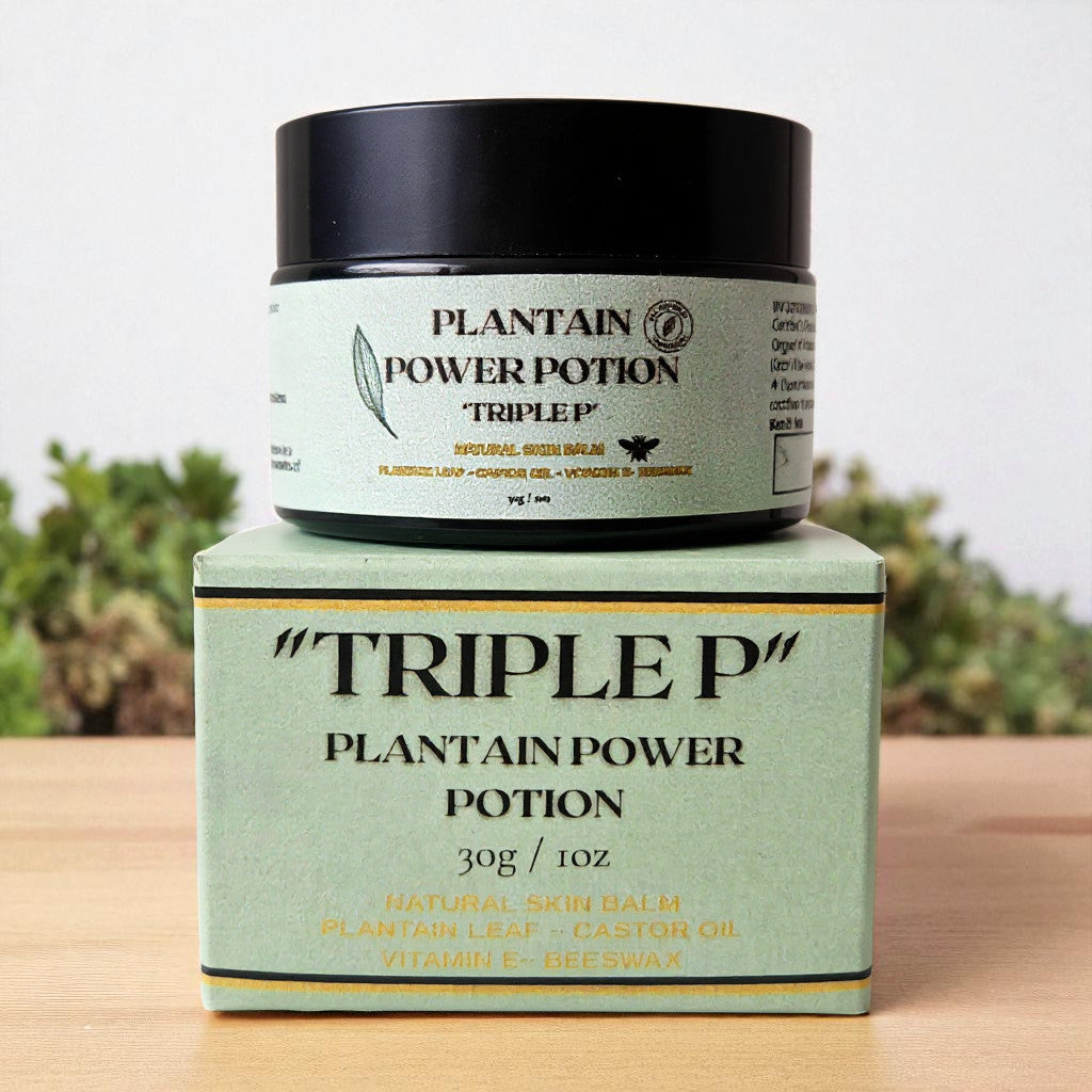 Triple P balm jar with light green label placed on branded packaging box, showcasing natural skin balm ingredients like plantain leaf and beeswax