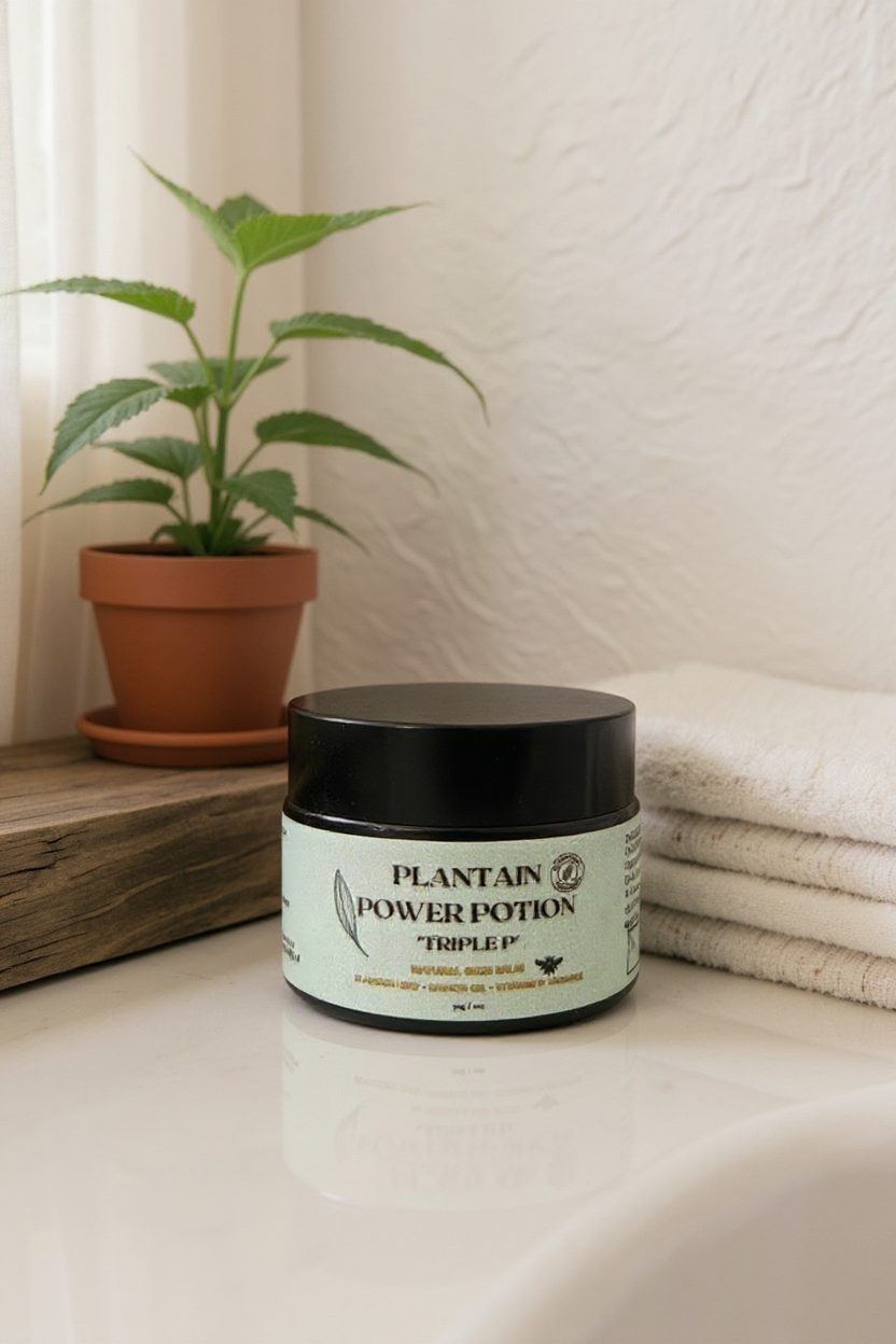 Plantain Power Potion balm in a clean bathroom setting, surrounded by soft towels and greenery—evoking natural skincare and everyday ritual