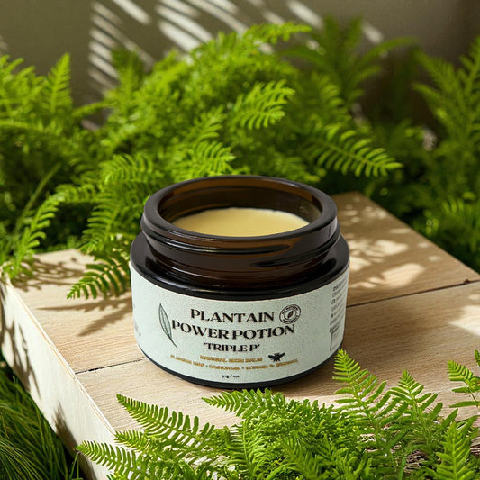 “Triple P balm in amber glass jar with mint green label, surrounded by green ferns on a wooden surface”